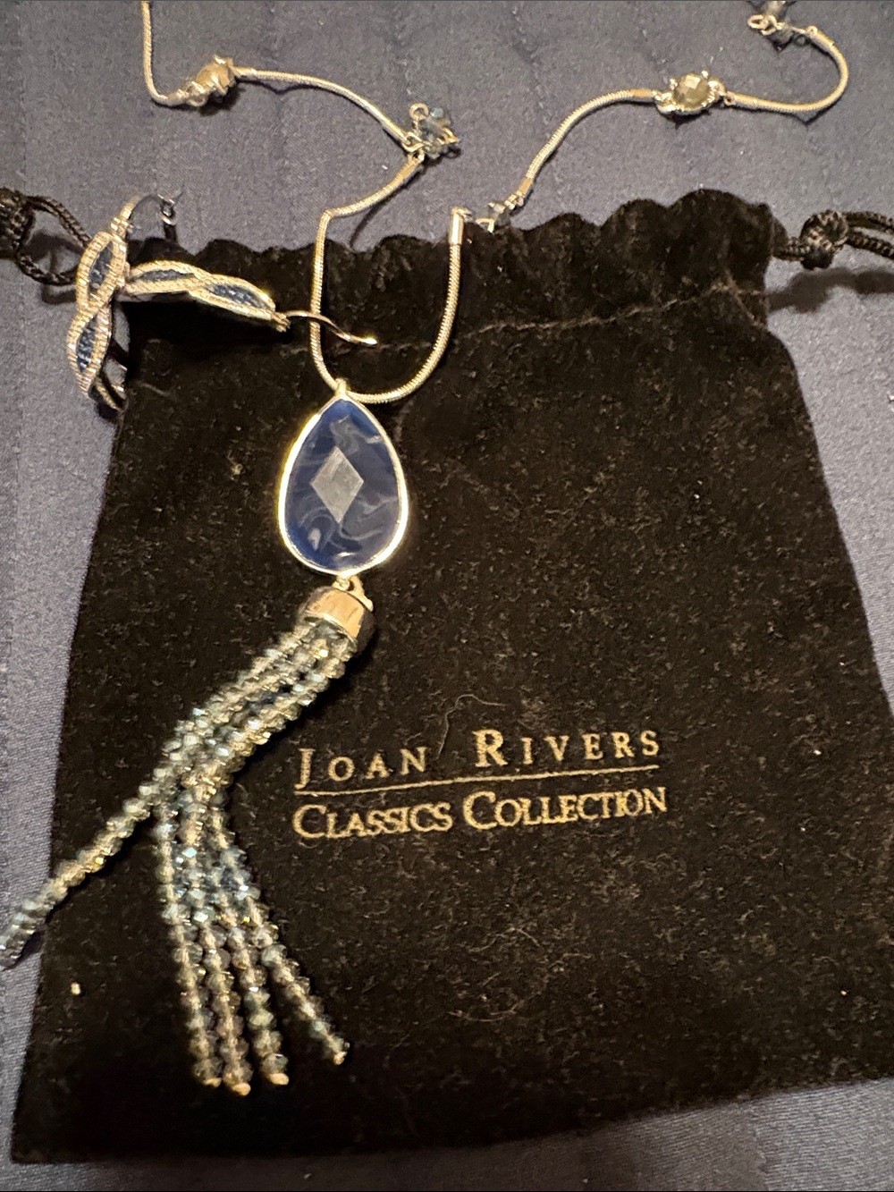 Joan Rivers Navy Teardrop Tassel Pendant Necklace. And earrings and jewelry bag